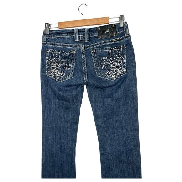 Miss Me Jeans Womens 27 Blue Rhinestone Fleur de lis Embellished Pockets Low - Picture 8 of 12
